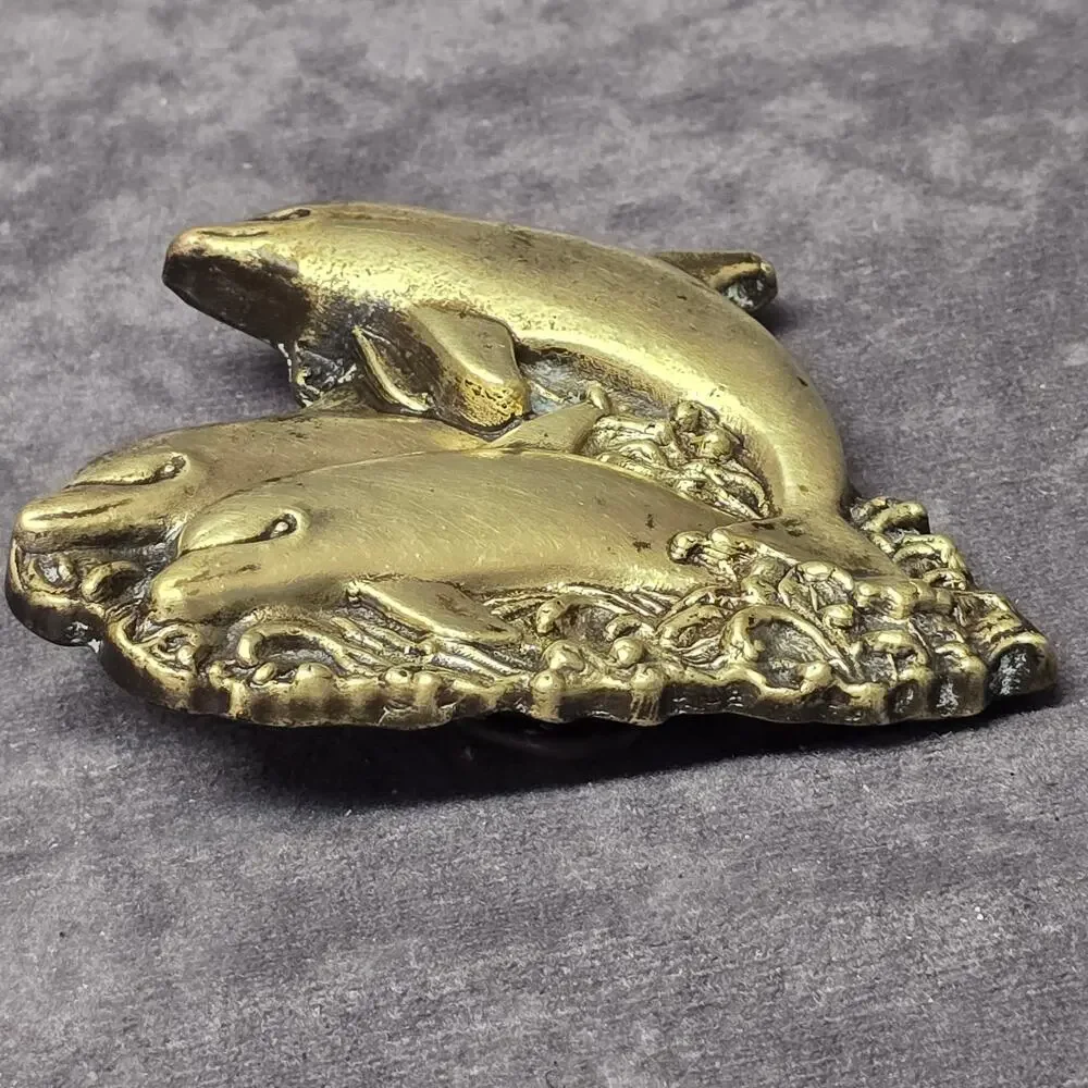 Vintage Pot Metal Brass Stone Cut Out Pod of Three Dolphins Swimming Belt Buckle